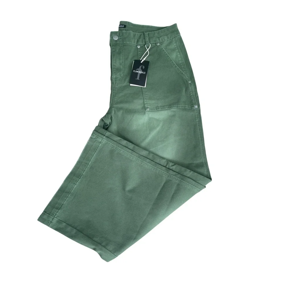 Flamingals Womens XL Sage Green Wide Leg Utility Carpenter Capri pants NEW
